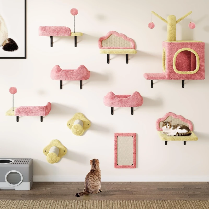 YITAHOME Cat Climbing Wall Set Made of Flannel, 10 Pcs Sturdy Cat Furniture with House, Bed, Scratching Board, Sisal Columnfor Cats Sleeping, Playing, Lounging