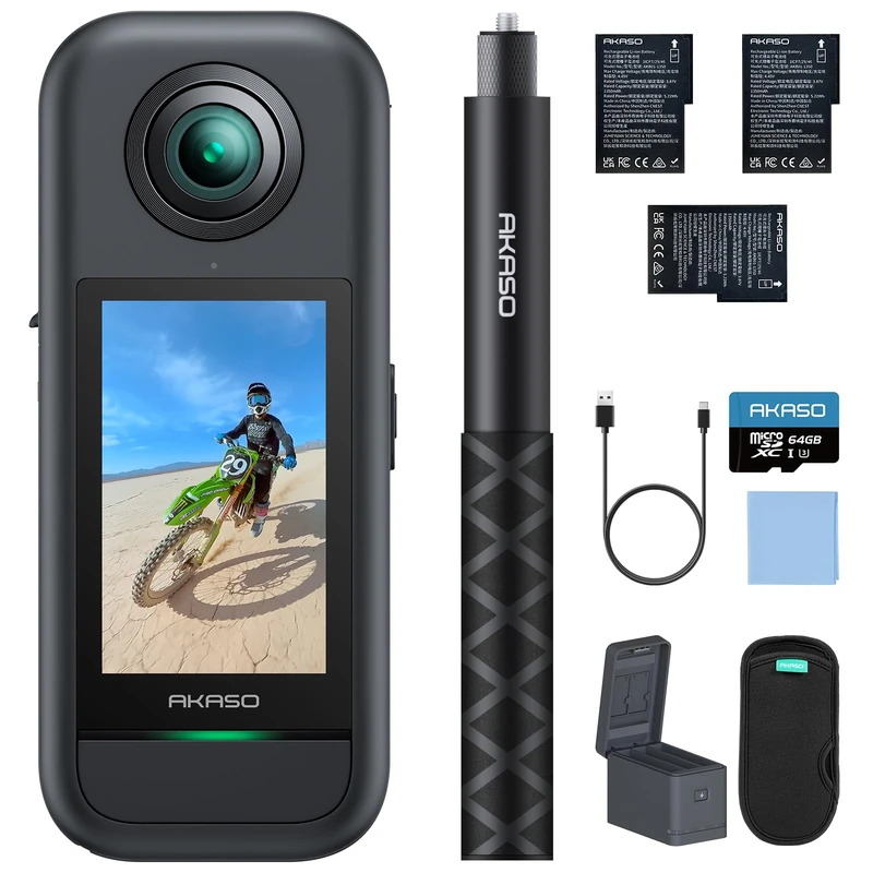 AKASO 360 Weatherproof 360° Action Camera - 5.7K 360 Video with 1/2" 48MP Sensors, 72MP 360 Photo, 360-SuperSmooth, Invisible Selfie Stick, 360° Horizon Lock, AI Tracking with 64GB MicroSD Card