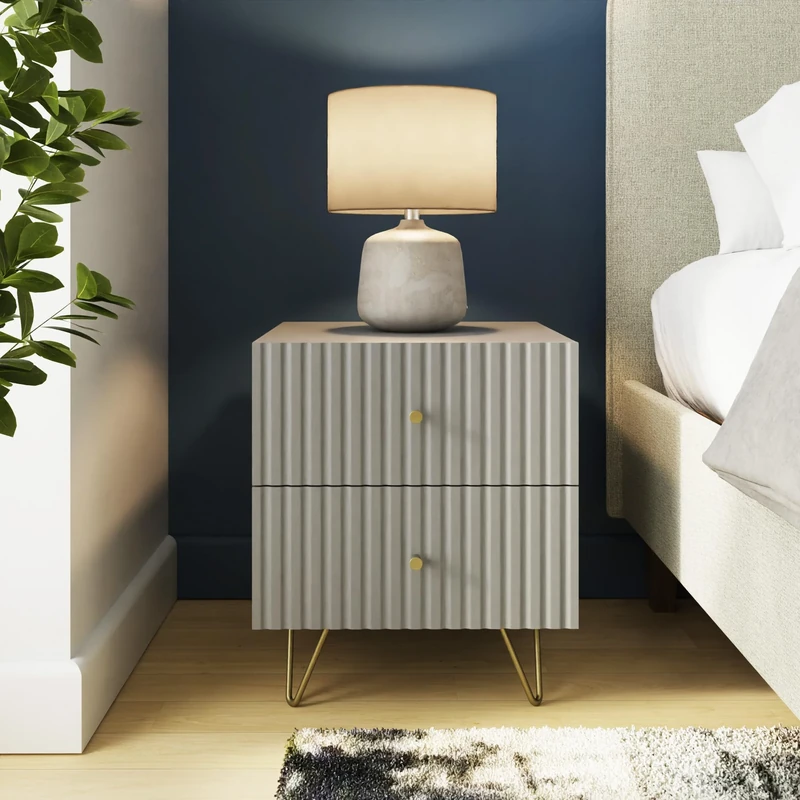 Thalia Ribbed 2 Drawer Bedside Table Grey