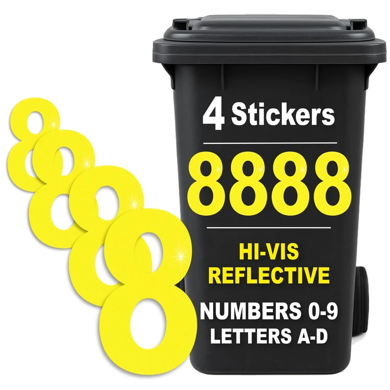 Rubigo 4PK Hi Vis Bin Numbers for Wheelie Bins – 0-9, Letters A-D, 17cm Reflective Dustbin Stickers – Easy Application Neon Yellow Stick On Number Stickers - Weatherproof Self Adhesive Vinyl (8)