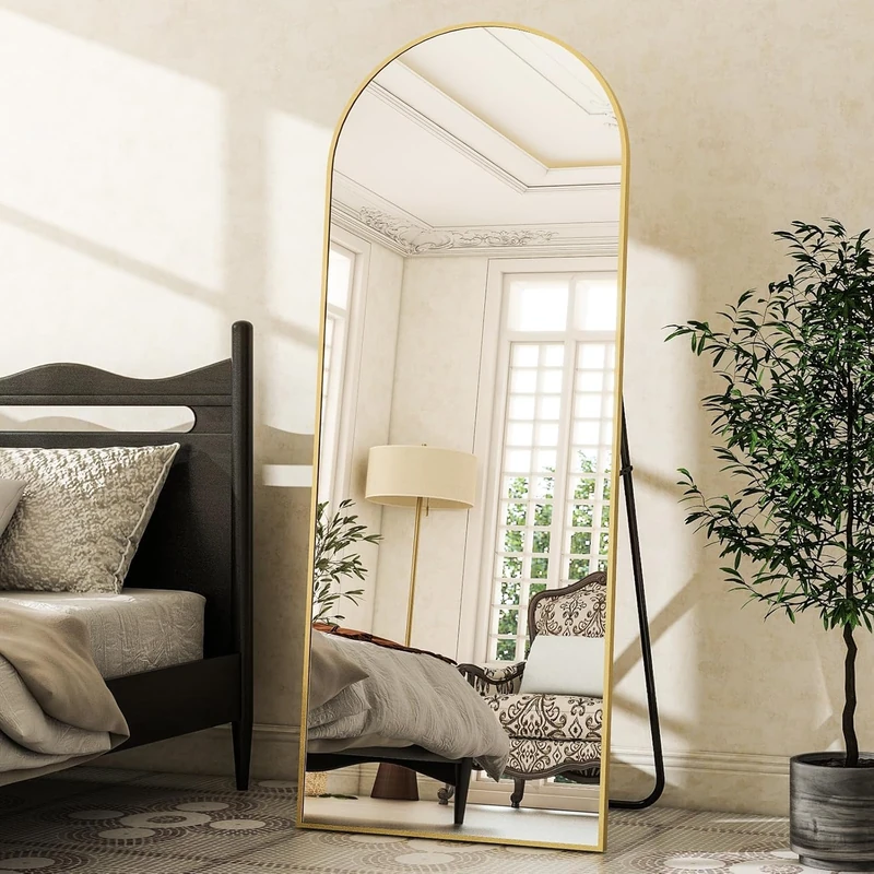 Koonmi Arched Full Length Mirror, Right Angle Design, Medium Size 165×60cm, Full Length Mirror with Stand, Made of Tempered Glass Suitable for Bedroom, Entryway, Living Room, Gold