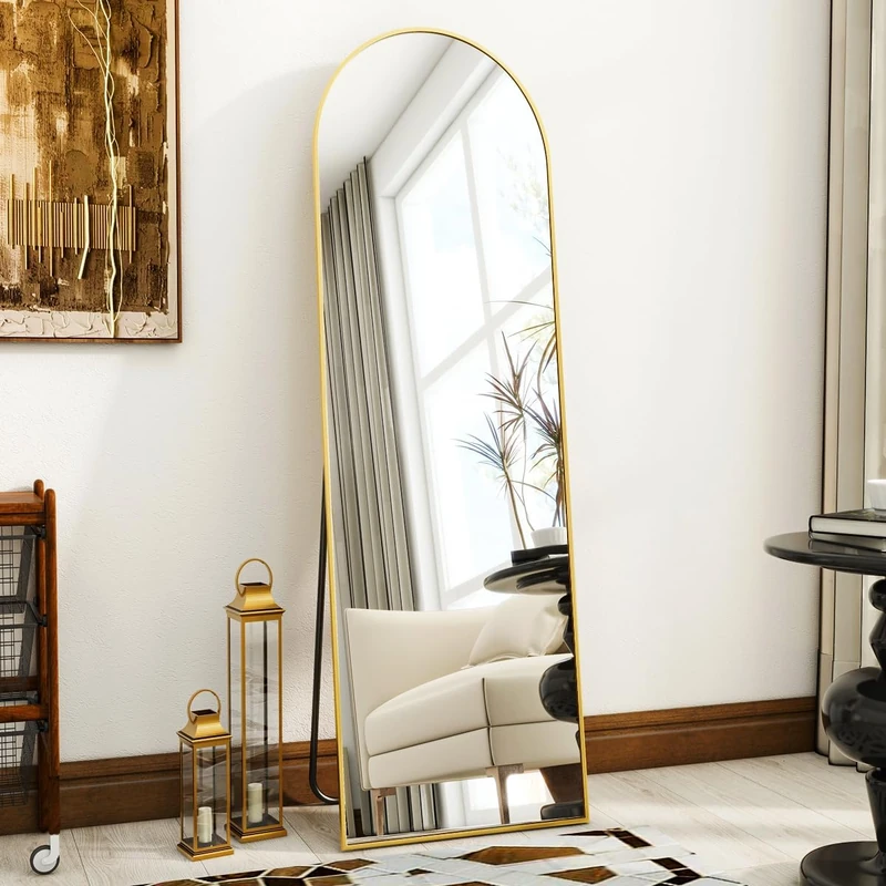Koonmi Arched Full Length Mirror, Right Angle Design, Medium Size 150×40cm, Full Length Mirror with Stand, Made of Tempered Glass Suitable for Bedroom, Entryway, Living Room, Gold
