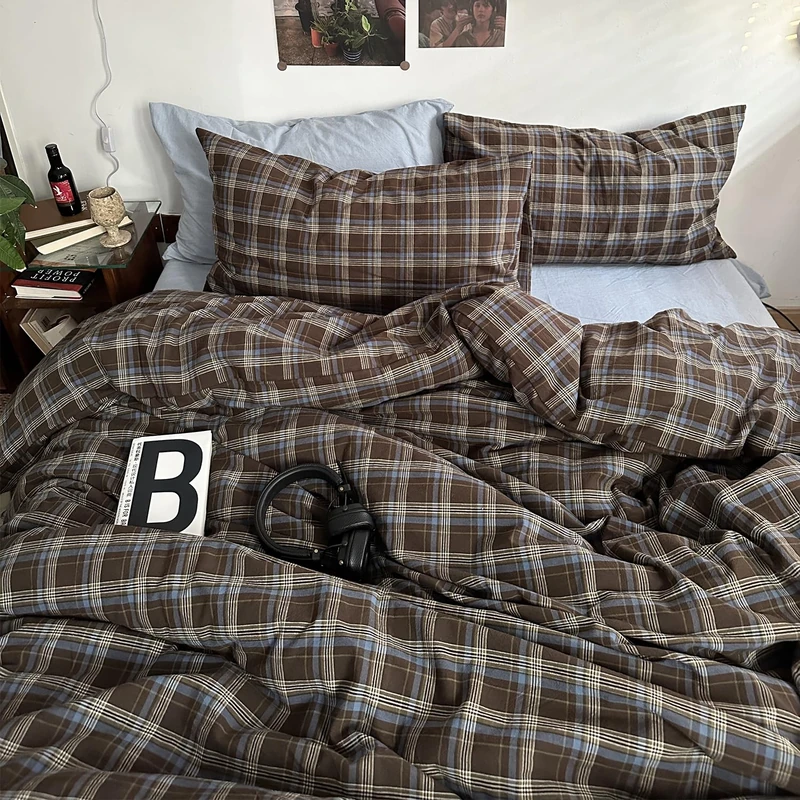 mixinni Vintage Blue & Brown Buffalo Plaid Comforter Set Twin XL Size - 3-Piece Washed Cotton Soft Geometric Checkered Pattern Bedding Set for All-Seasons Lightweight & Breathable-Twin XL Size