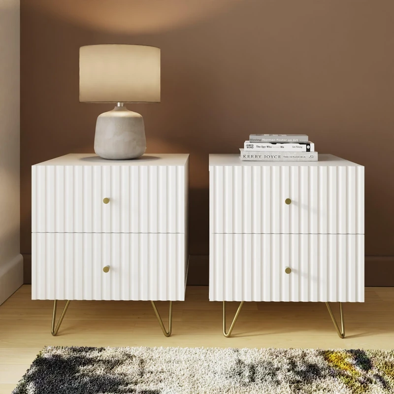 GFW Thalia Ribbed 2 Drawer Bedside Table Pair White