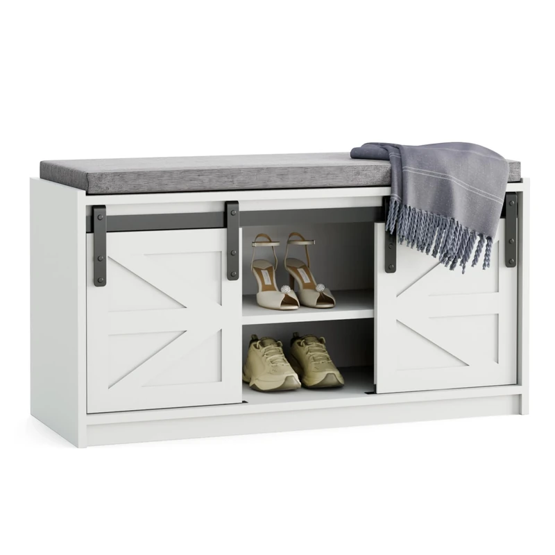 Mondeer Shoe Storage Bench, 2-Tier Farmhouse Entryway Bench with Sliding Barn Door Storage Cabinets & Removable Seat Cushion, for Entryway Hallway Bedroom, 90 x 45 x 35 cm, White