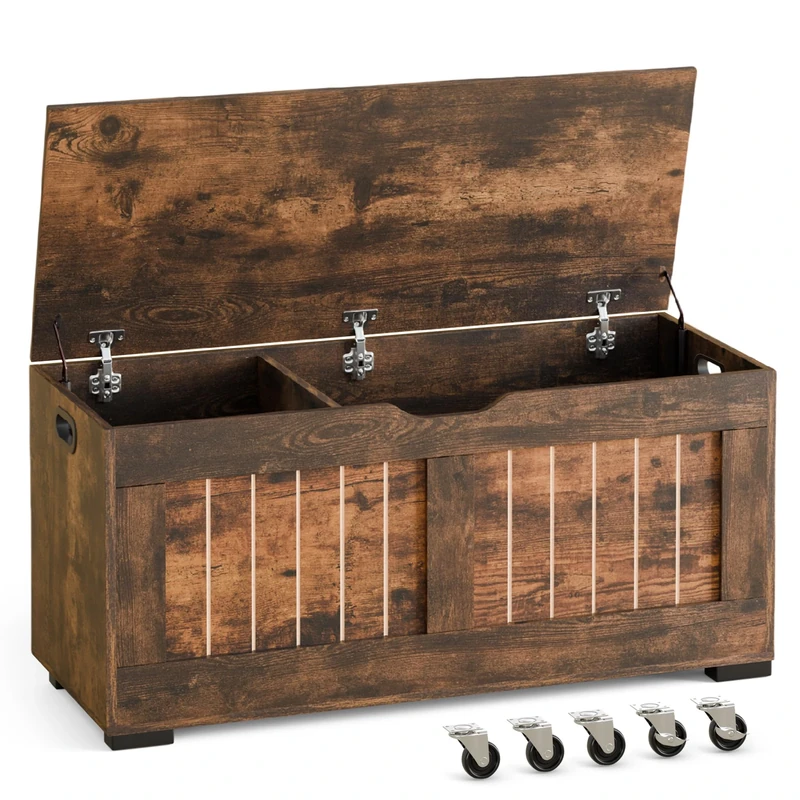 Mondeer Storage Chest, Storage Bench with 4 Wheels, Blanket Box with 2 Safety Hinges Modern Style, for Hallway Bedroom Living Room, 40 x 100 x 49 cm, Rustic Brown