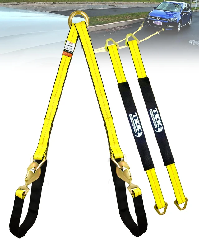 TKK Heavy-Duty V-Bridle Tow Strap 2" x 4' – 5,400 lbs Capacity, with Snap Hooks, Cordura Sleeves & (2) 2"x36" Axle Straps, D-Ring Center, Ideal for Flatbed Towing & Recovery
