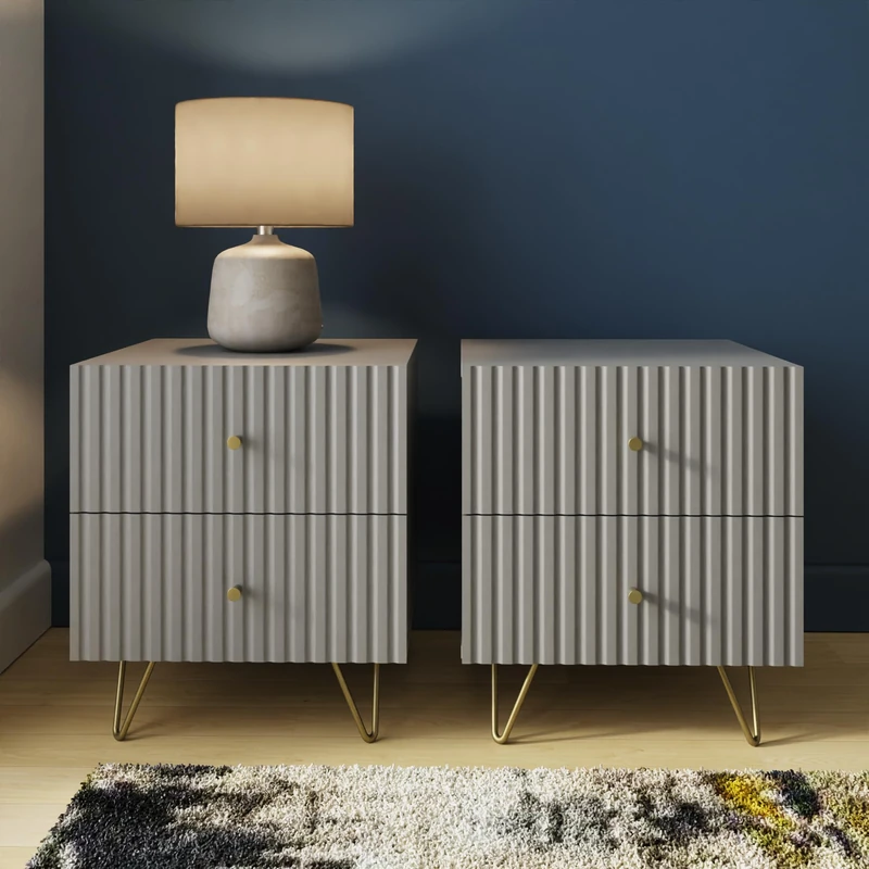 Thalia Ribbed 2 Drawer Bedside Table Pair Grey