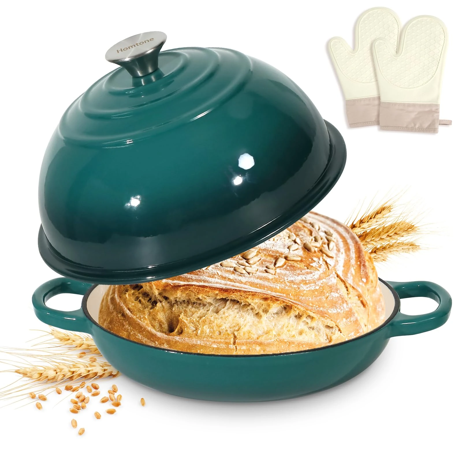 Homtone 5.5QT/26cm Enamelled Cast Iron Dutch Oven for Sourdough Bread, Dutch Oven Pot with Domed Lid, Cast Iron Bread Pot (Gradient Teal, with Oven Mitts)