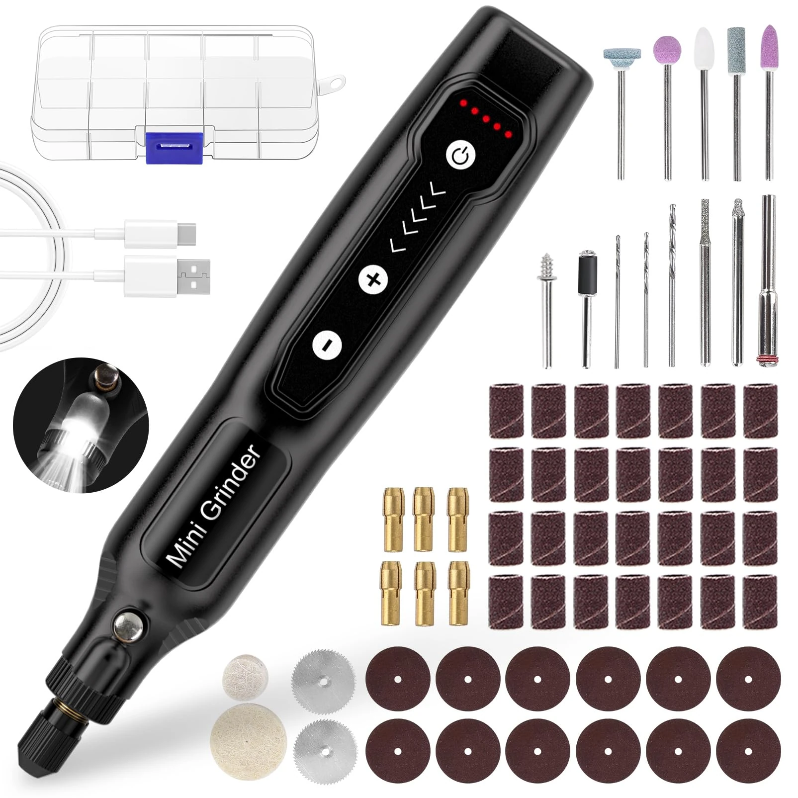 Cordless Mini Rotary Tool Set - 64Pcs Accessories 5 Speed 5000-18000rpm Multi-Purpose Mini Electric Grinder Kit 3.7V USB Rechargeable with Light for Engraving Grinding Polishing Cutting Sanding DIY