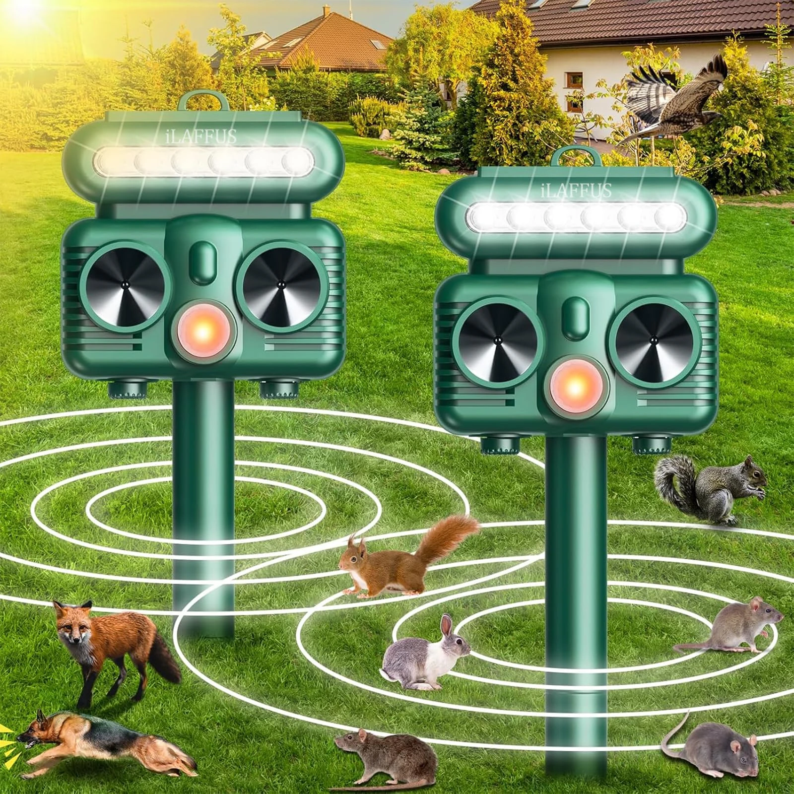 2PCS Cat Repellent for Gardens, Solar Powered Ultrasonic Animal Repeller, Waterproof with PIR Motion Sensor Activates, Cat Deterrent for Foxes, Squirrels & Rodents