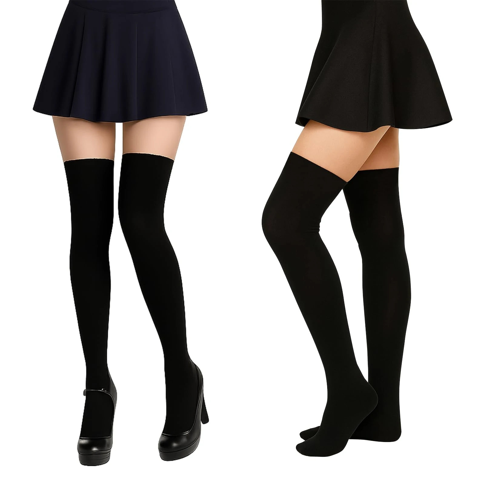 Dongnesi Long Socks Women 2 Pairs, Black Knee High Socks for Women, Over the Knee Cotton Stockings for Girls' School Uniform, Knees Stockings for Fashion and Sports, One Size