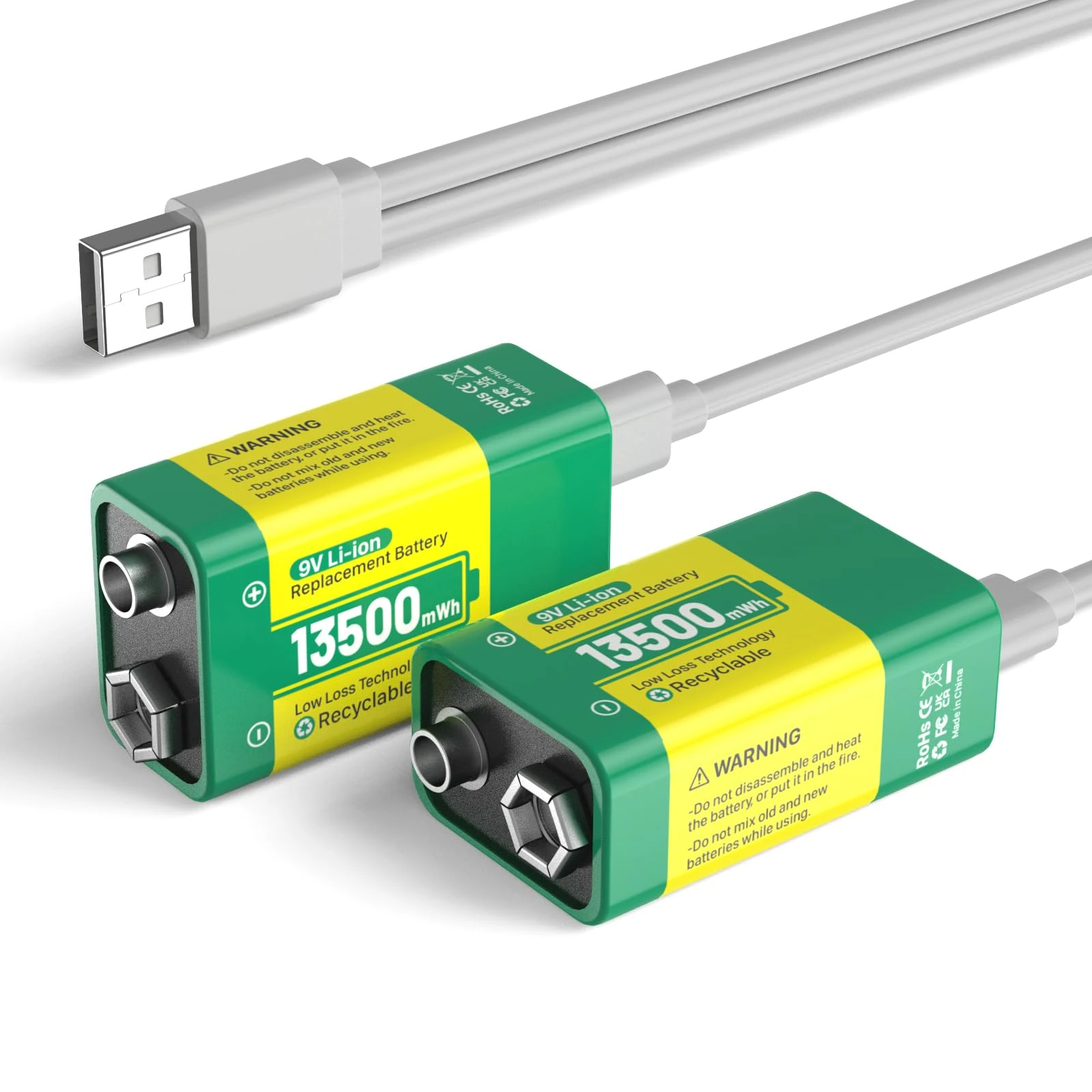2 Pack 9 V Rechargeable Battery, 13500mWh 9 V High Capacity Lithium Batteries, with USB-C Fast Charging Cable, Ideal for Alarms, Toys, Smoke Detectors, Microphone, Torches, Medical Devices etc.