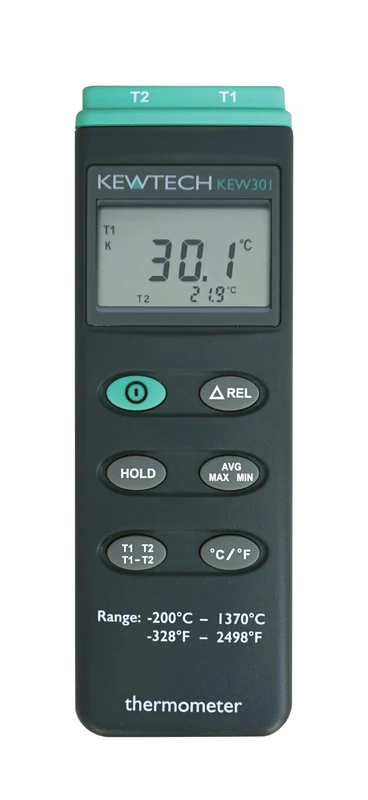 Kewtech KEW301 Dual Channel Digital Thermometer K-Type Probe Thermocouple, -200°C to 1370°C Range, Dual Input, Max/Min/Average, LCD Display, Includes 2 Probes & Carry Case