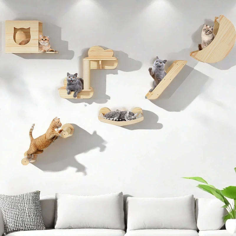 YITAHOME Wooden Cats Climbing Wall Set, 8 Pcs Sturdy Furniture with House, Bed, Platform, Sisal Column, and Hammock, for Cats Sleeping, Playing, Lounging