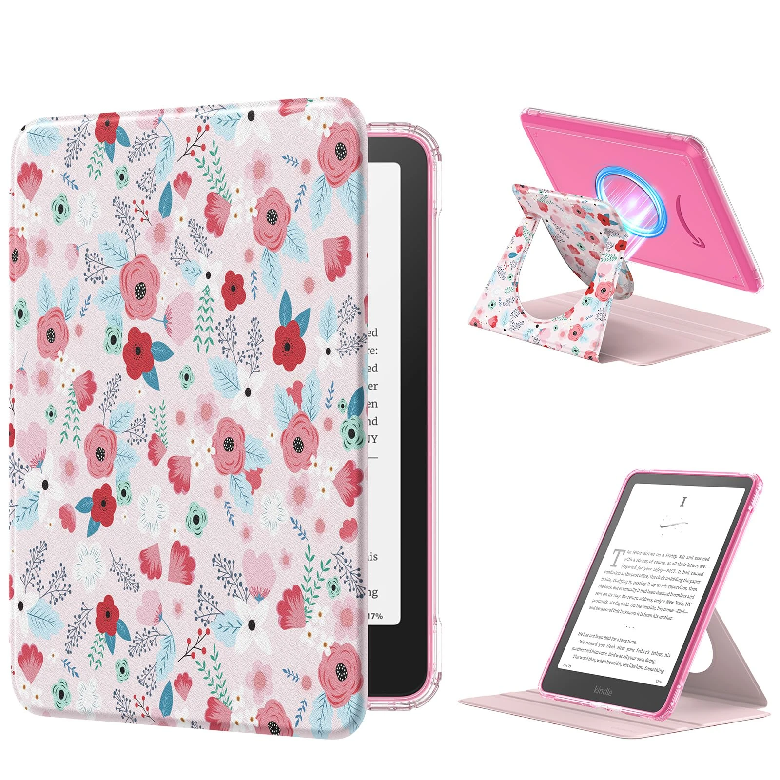 MoKo 360° Rotating Case for 7" Kindle Paperwhite 12th Generation 2024 & Kindle Colorsoft 2024/2025, Clear Back Detachable Magnetic Protective Adjustable Stand Cover with Auto Wake/Sleep, Spring Pink