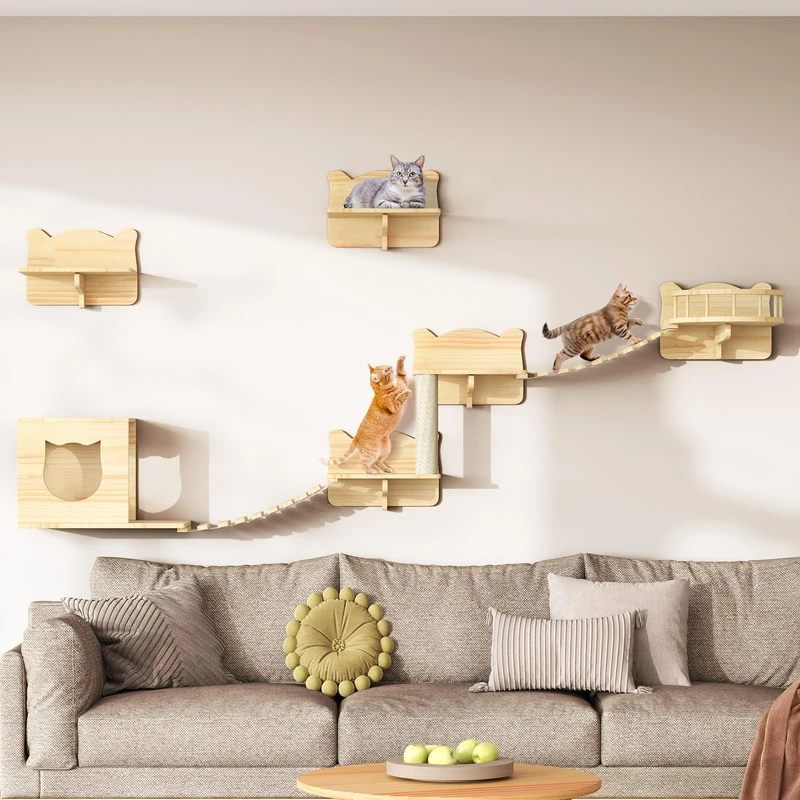 YITAHOME Wooden Cats Climbing Wall Set, 5 Pcs Sturdy Cat Furniture with House, Bed, Platform, Sisal Column, and Suspension Bridge, for Cats Sleeping, Playing, Lounging