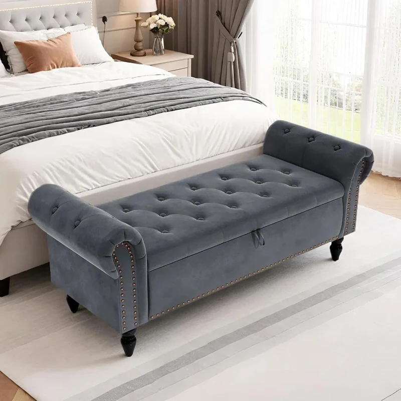 Clevich Ottoman Storage Bench, Velvet End of Bed Storage Box with Lid, Sturdy Wood Legs Footrest, 168KG Load Capacity, Sofa Bench for Bedroom/Living Room, 133x53x46cm (Grey)