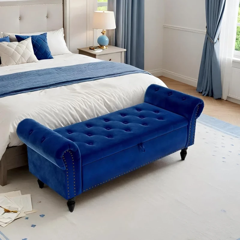 Clevich Ottoman Storage Bench, Velvet End of Bed Storage Box with Lid, Sturdy Wood Legs Footrest, 168KG Load Capacity, Sofa Bench for Bedroom/Living Room, 133x53x46cm (Dark Blue)