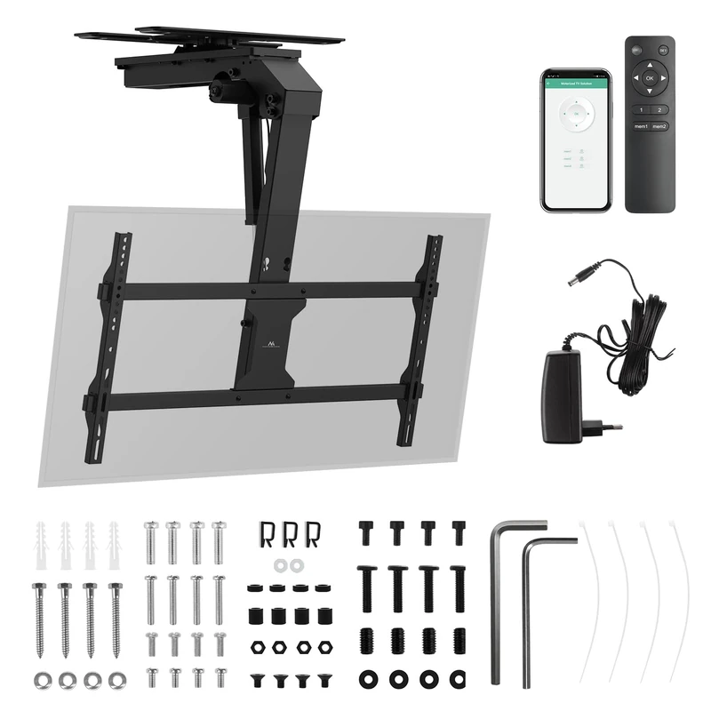 Maclean MC-109 T Electric TV Ceiling Mount | For 43-86 Inch TVs | VESA Up to 800 x 400 | Quiet Motor with Remote Control & Tuya App | Tilt & Rotatable | Max. 45 kg Load | Anti-Collision Protection