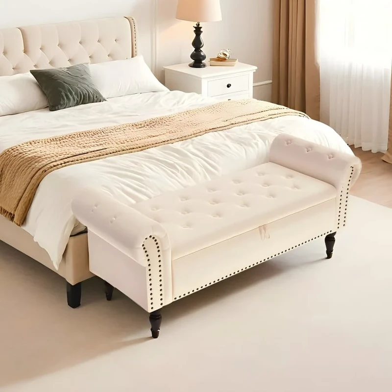 Clevich Ottoman Storage Bench, Velvet End of Bed Storage Box with Lid, Sturdy Wood Legs Footrest, 168KG Load Capacity, Sofa Bench for Bedroom/Living Room, 133x53x46cm, Beige