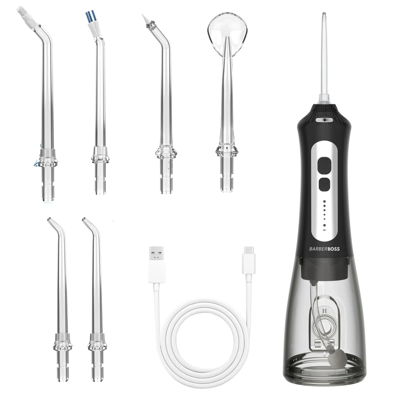 BarberBoss Cordless Water Flosser for Teeth & Gums – 6 Multi-Function Tips, LED Screen, USB Rechargeable, Travel Case Included – Electric Oral Irrigator for Braces, Implants & Gum Health (Black)