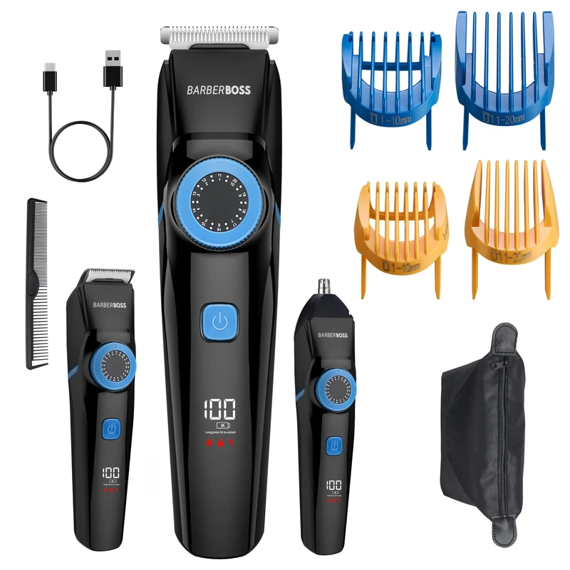 BarberBoss 3-in-1 Beard Trimmer, Hair Clipper & Nose Trimmer for Men, Waterproof Grooming Kit with Precision Blades, Adjustable Trim Lengths, USB Rechargeable, LED Display, Travel Case