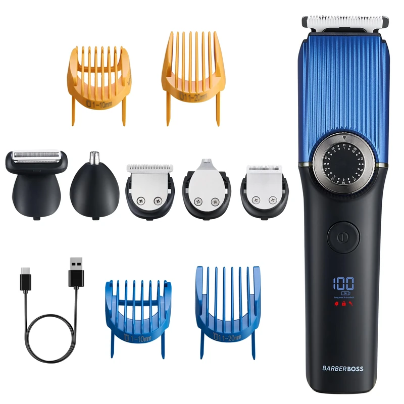 BarberBoss 5-in-1 Hair Clippers for Men, Beard, Hair, Nose, Body & Ear Groomer, 39 Trim Lengths, Precision Dial, LED Display, USB-C Charging, Men’s Beard Trimmer, Waterproof Grooming Kit