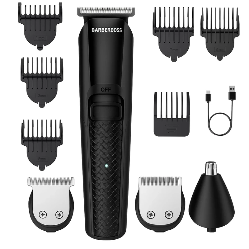 BarberBoss Men’s Cordless Trimmer Kit: Beard, Hair, Nose & Ear Groomer, 6 Guide Combs, USB Rechargeable, Ceramic-Titanium Blades, LED Charge Indicator, Waterproof Design, Men’s Clipper (Black)