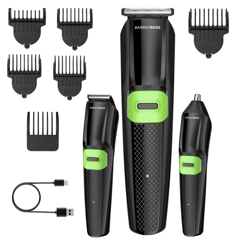 BarberBoss 3-in-1 Grooming Kit for Men, Beard Trimmer, Hair Clipper & Nose Hair Trimmer, Precision Blades, 6 Combs, USB Rechargeable, LED Indicator & Travel-Ready Design