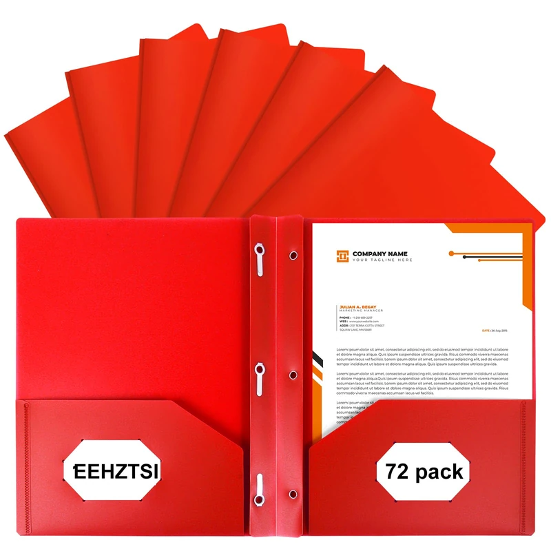 EEHZTSI 72-Pack Plastic Folders with Pockets and Prongs,2-Pocket Folders with 3 Fasteners, Holds 8-1/2" x 11" Paper for School/Office/Home, Red