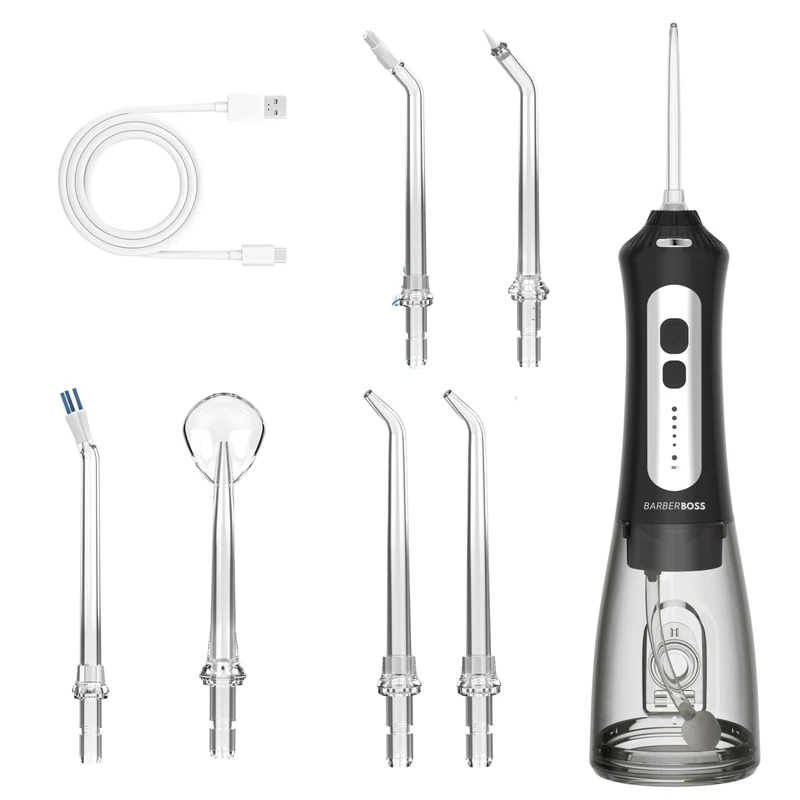 BarberBoss Cordless Water Flosser for Travel & Home, 5 Pressure Modes, 6 Jet Tips, 300ml Tank, USB Rechargeable Oral Irrigator, IPX7 Waterproof, Teeth Cleaner for Braces & Gum Care