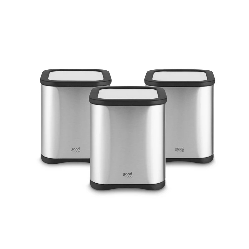 Good Food in Partnership with Tower 3 Kitchen Storage Canisters for Tea, Coffee, Sugar or Other Loose Ingredients, Air Tight with Glass Viewing Window, Mirror Finish, 1.5L, Stainless Steel, GF826190