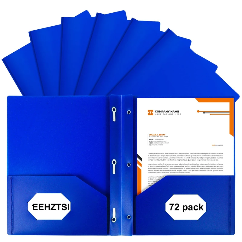 EEHZTSI 72-Pack Plastic Folders with Pockets and Prongs,2-Pocket Folders with 3 Fasteners, Holds 8-1/2" x 11" Paper for School/Office/Home, Blue