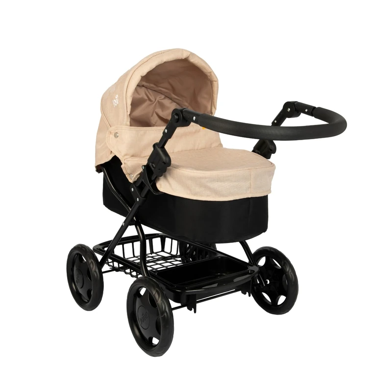 Joie Junior Cherish Dolls Pram | Stone & Black, Adjustable Handle & Hood, Fold Flat Design, Includes Matching Changing Bag, Removable Apron & Under Seat Storage | Toy Pram for Kids Role Play | 3+