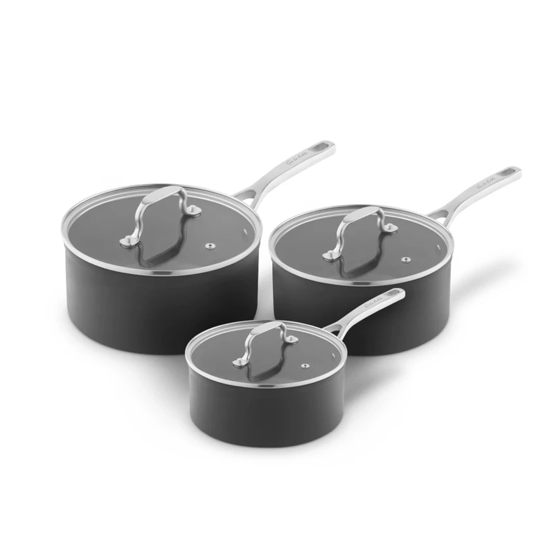Sur La Table Hard Anodised 3 Piece Saucepan Set with Tempered Glass Lids, Riveted Steel Handles, 10x Stronger Superior Non-Stick Ceramic Coating, Induction Compatible, Grey