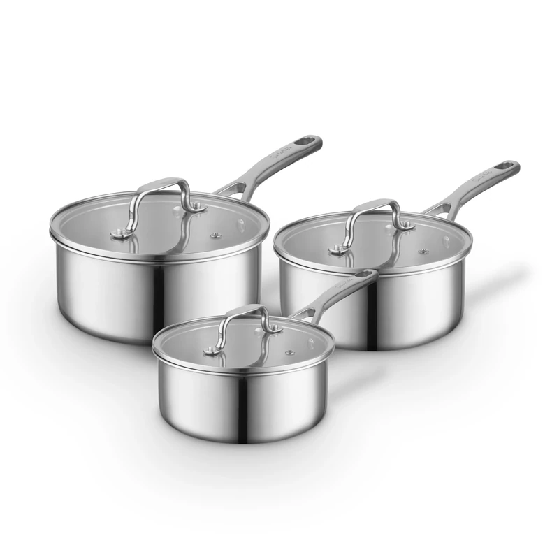 Sur La Table Tri-Ply 3 Piece Saucepan Set with Tempered Glass Lids, Satin Interior Finish, 16cm/18cm/20cm Saucepans, Induction Compatible, Stainless Steel