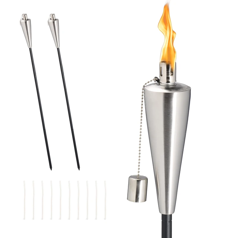 Relaxdays Garden Oil Torches, Set of 3, Stainless Steel, Adjustable Height, Replacement Wicks & Snuffer, Silver/Black