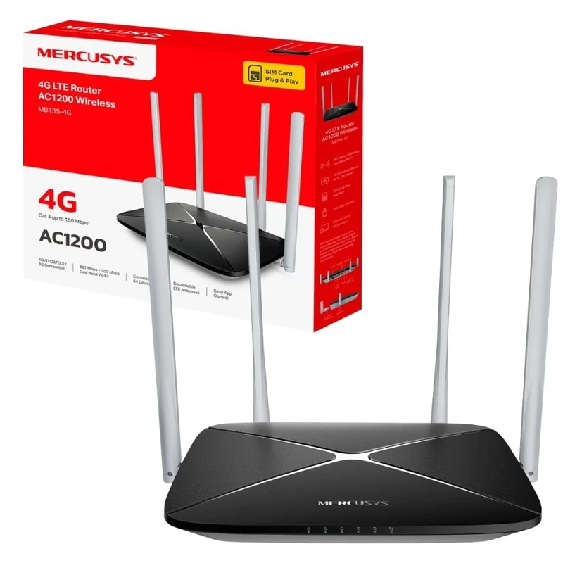 MERCUSYS MB135-4G AC1200 4G Router with Sim Slot,Dual Band Sim Card,4G LTE Plug and Play,TP-Link WiFi, Detachable Antennas, APP control,Guest Network,WAN Connection Available,Data Setting