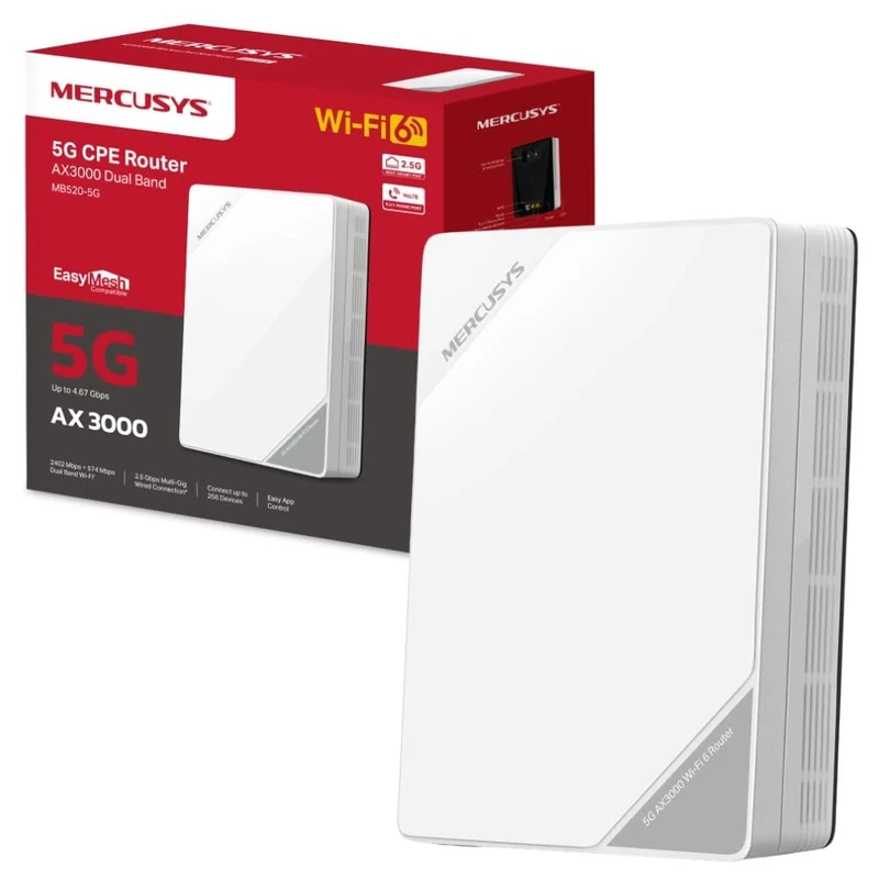 MERCUSYS MB520-5G AX3000 5G Router with Sim Slot, Dual-Band Sim Card, EasyMesh,TP-Link WiFi,Plug and Play,VPN Encryption, APP control,WAN/LAN ports,Guest Network,VoLTE access,Data Setting
