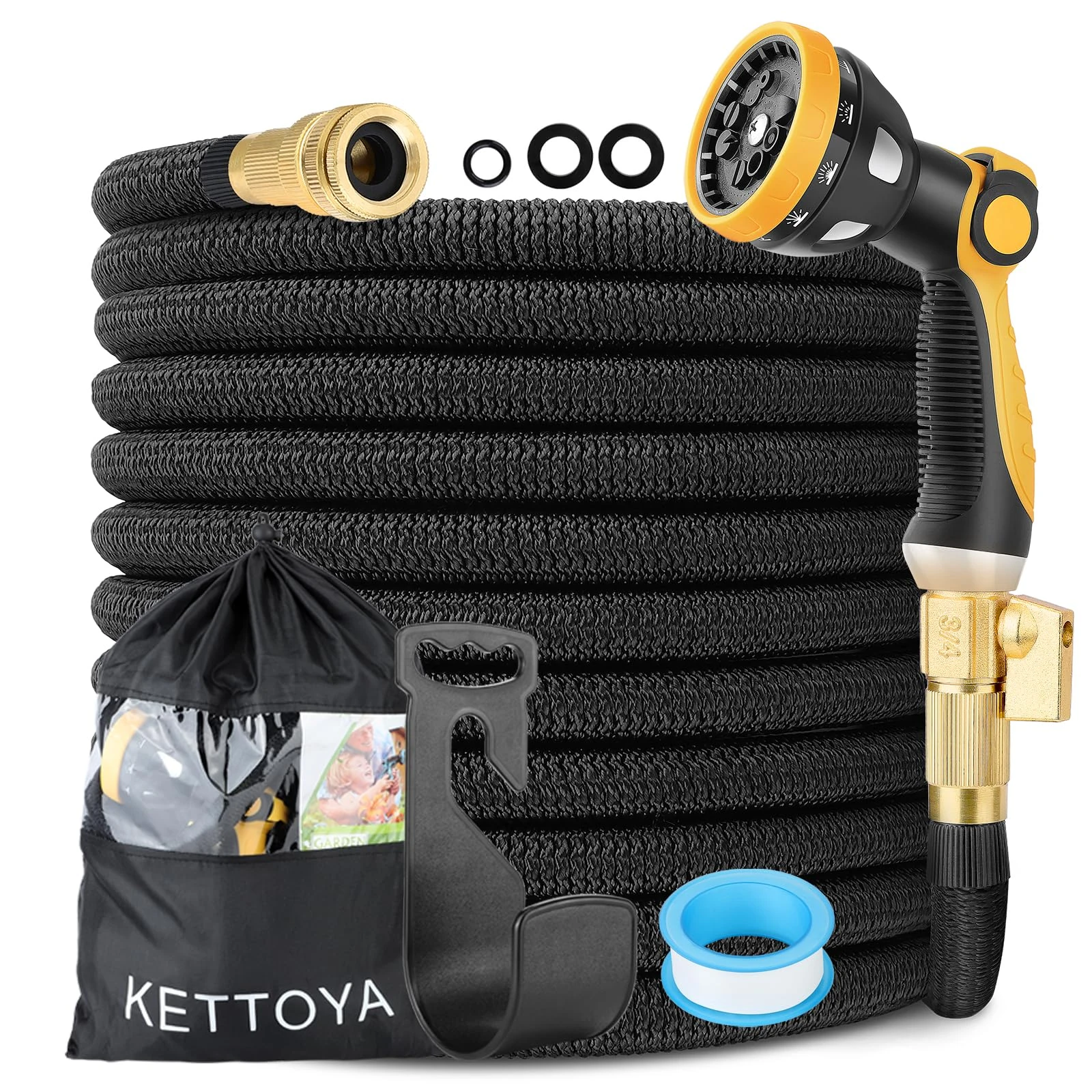 KETTOYA 150FT Expandable Garden Hose, Flexible Hose Pipe with Metal 10-Pattern Spray Nozzle, Leak-Proof Retractable Heavy Duty Water Hose, Durable 3750D Plus, 4-Layer Latex Core, Kink-Free, Black