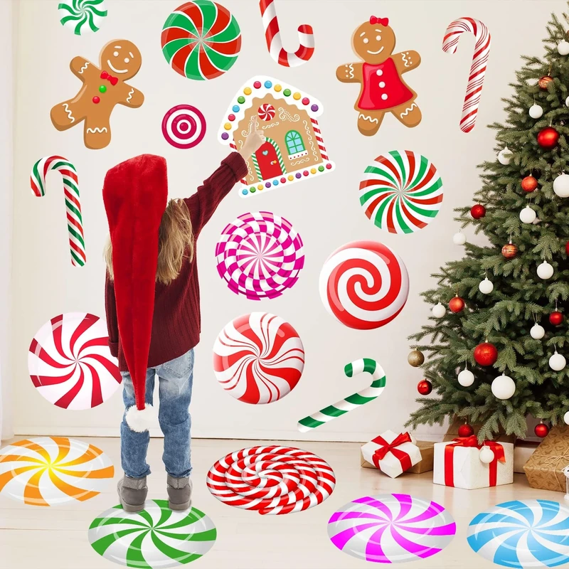 Funnlot Christmas Decorations - Christmas Wall Stickers Christmas Floor Decals Peppermint Candy Cane Gingerbread Man Stickers Decor 59 PCS Xmas Candy Stickers for Candy Land Decorations 8 Sheets