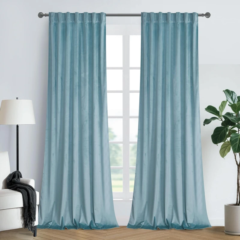 Roslynwood Luxury Soft Eggshell Blue Velvet Curtains 96 inches Long Back Tab Thermal Insulated Blackout Window Drapes for Living Room/Bedroom/Dining Room, W52 x L96, 2 Panels