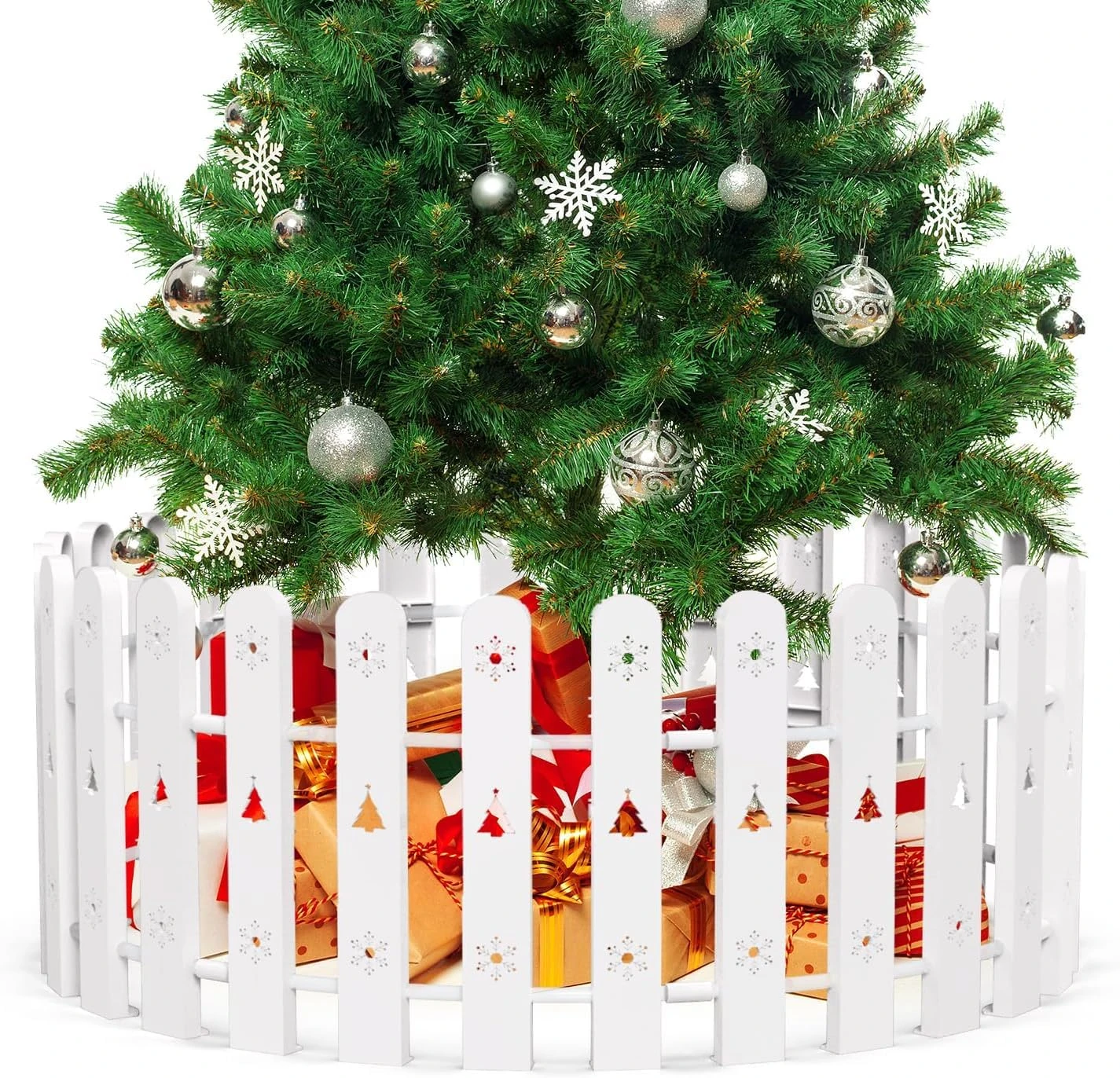 Christmas Tree Fence, 42 cm Tall White Decorative Fence, Christmas Tree Fence Protector for Kids, Dogs, Pets Freestanding Circle Barrier Around Artificial Real Xmas Trees, 28 Pcs