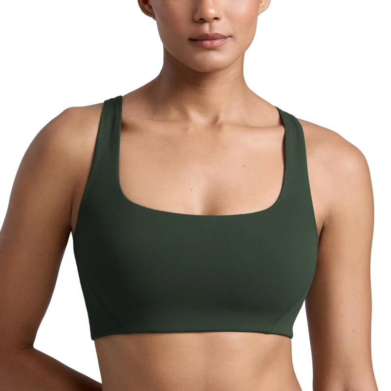 CRZ YOGA Womens Butterlift V-Shaped Racerback Sports Bras - Square Neck Double Lined Sports Bra Wireless Workout Yoga Bra Legend Green 10