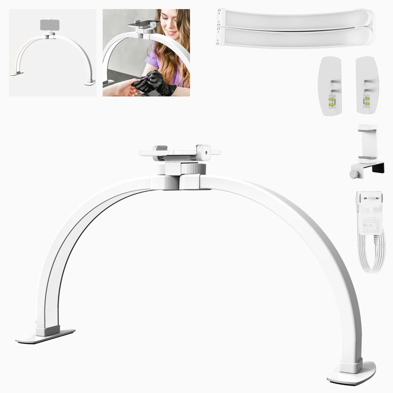 NEEWER BASICS 23" Half Moon Nail Light for Desk, 308 LEDs 28W Bi Color CRI85+ Foldable Nail Tech Table Arc Lamp with Overhead Phone Mount for Manicure Handicraft Lighting Beauty Video Recording,HM04-D