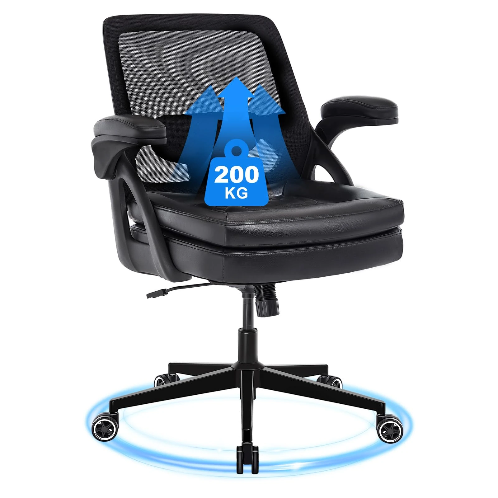 BERYTH Executive Office Chair Big and Tall Desk Chair 200KG Mesh Heavy Duty Ergonomic Task Chair with Flip-up Armrests, Plus Size Wide Seat, 360 Swivel for Home Office Black