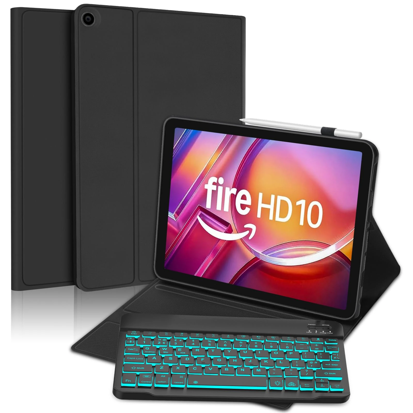 FOGARI Keyboard Case for Fire HD 10 & 10 Plus 10.1 inch (13th/11th Generation 2023/2021), Case for HD 10 & 10 Plus 10.1", 7 Colors Backlit UK Layout Bluetooth Detachable Keyboard, Black