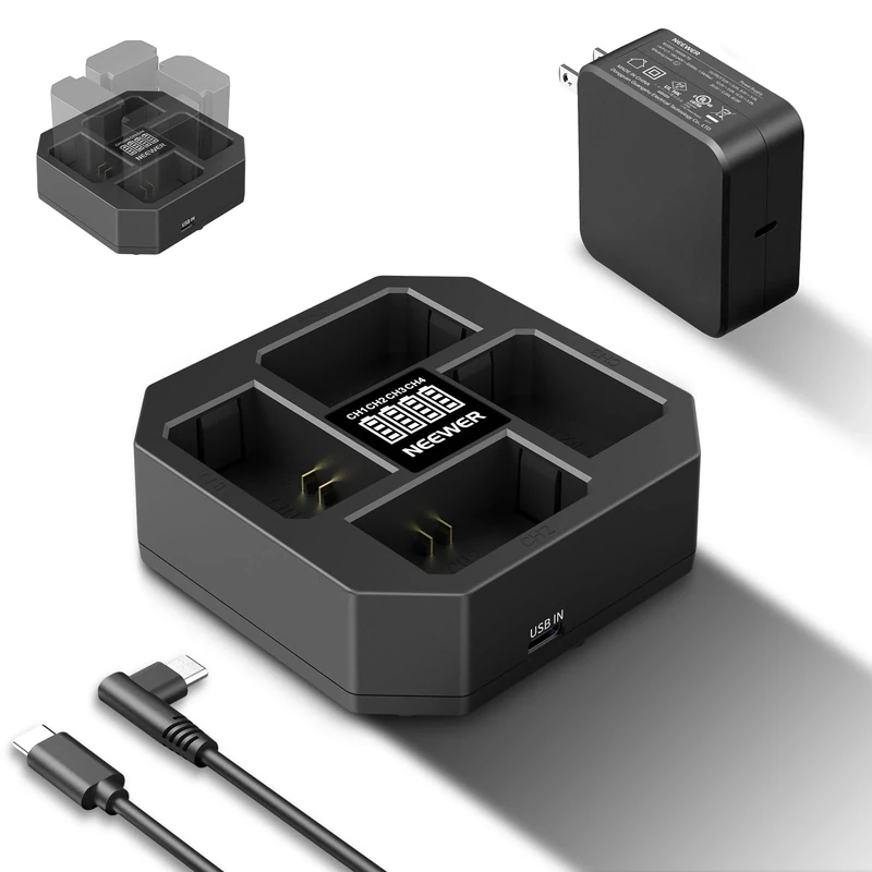 NEEWER 4 Channel USB Charger for NP-FZ100 Camera Battery Compatible with Sony A7IV A9iii A1 A7RV A7Cii A6700 ZV-E1 FX3 FX30, 45W PD Fast Charging with PD 45W Fast Charger, Battery Display, NW-Z4