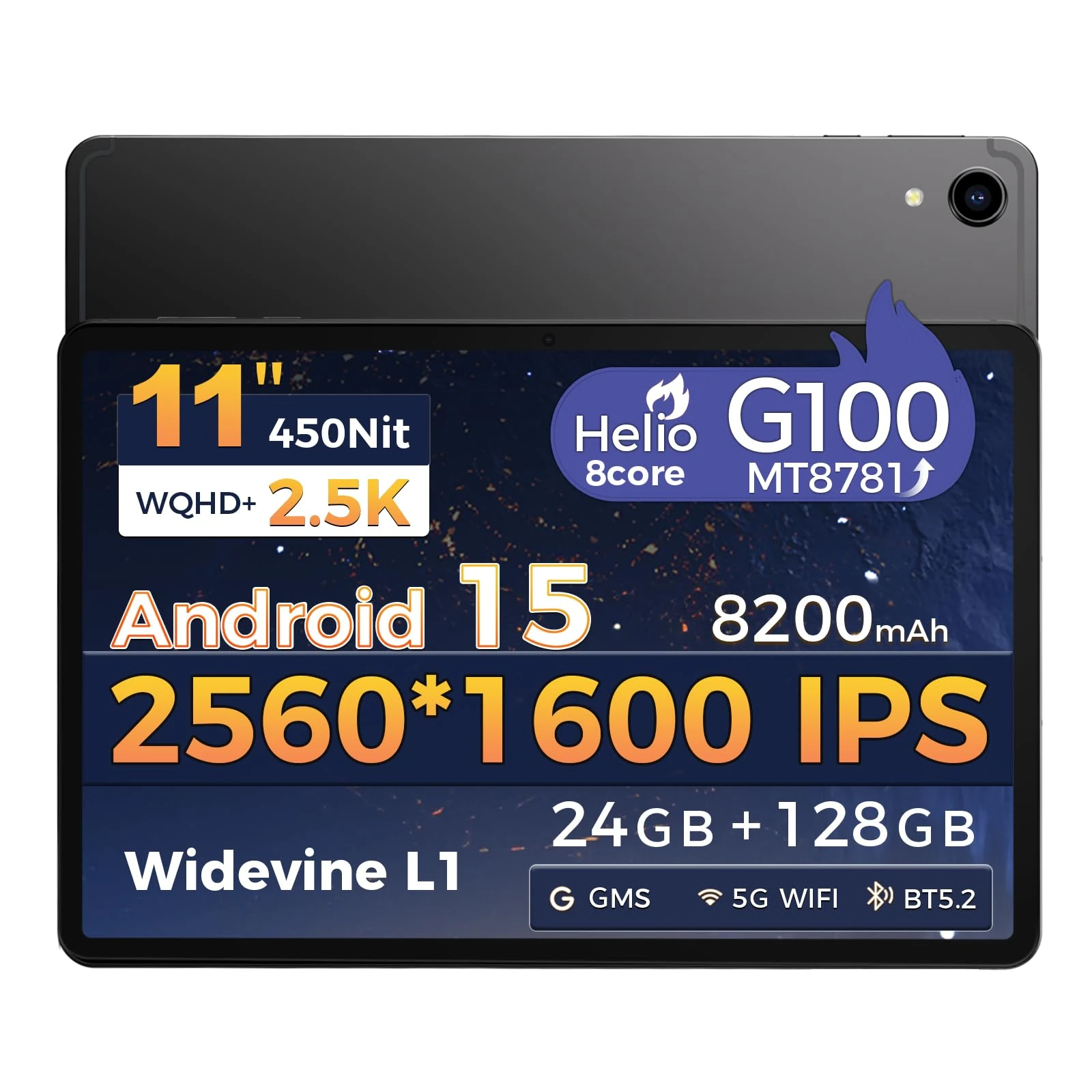 RebotAi Tablet 11 inch Android 15 Mediatek Helio G100, 2560×1600 IPS 24GB RAM+128GB ROM (TF 1TB), 5G WIFI|8200 mAh|Widevine L1|5MP+16MPCamera|6-Axis Gyroscope
